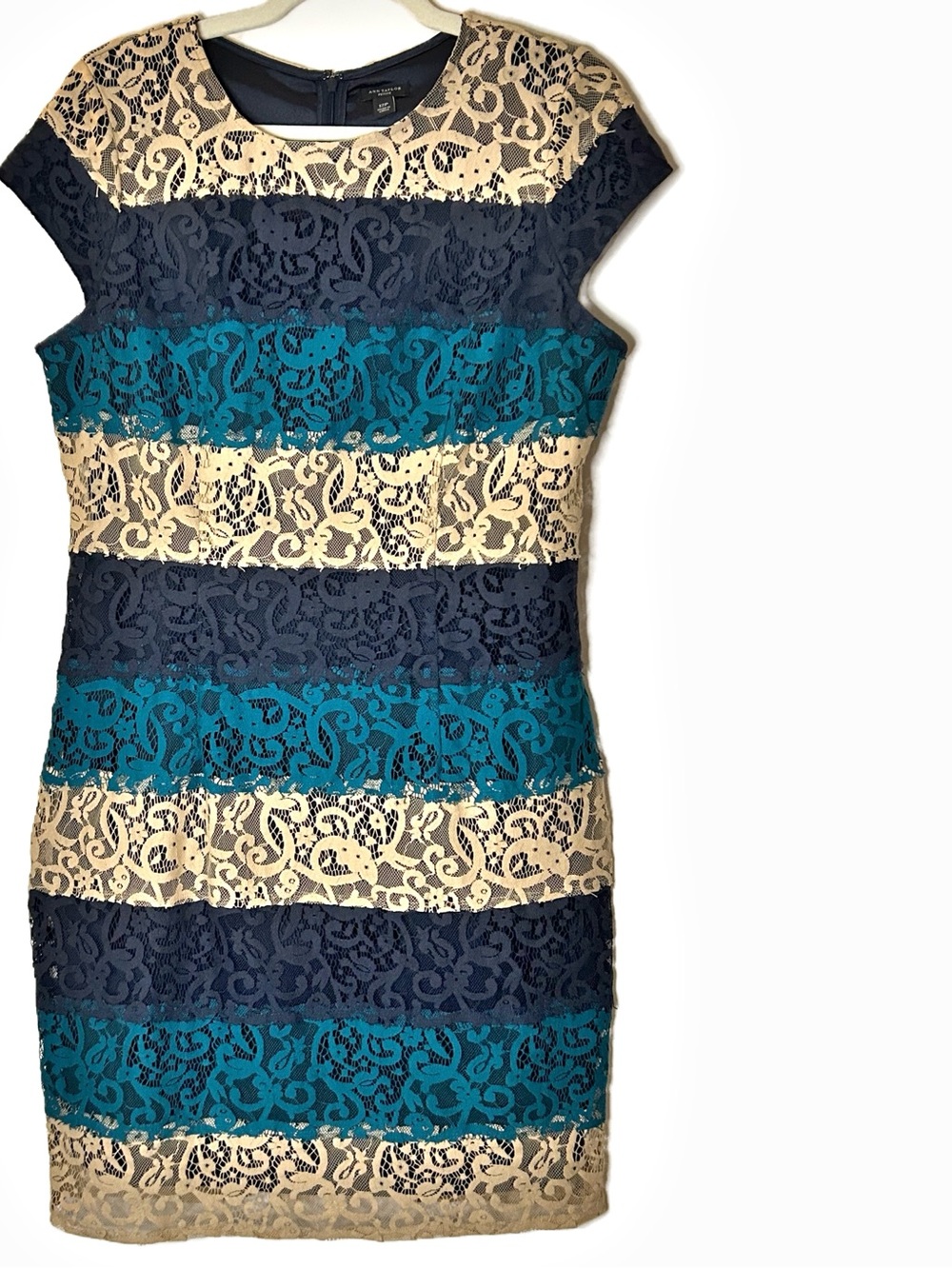 ANN TAYLOR Floral Color-Block Lace Dress Navy Teal Cream SZ 12P